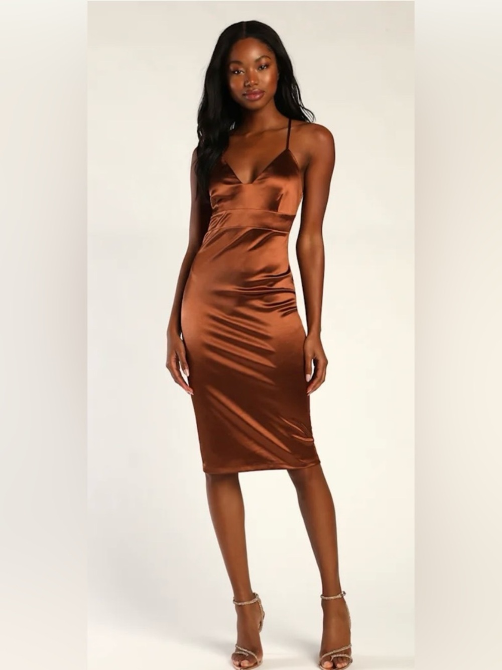 NWT Lulus Best of Everything Bronze Satin Bodycon Midi Dress- SMALL $64